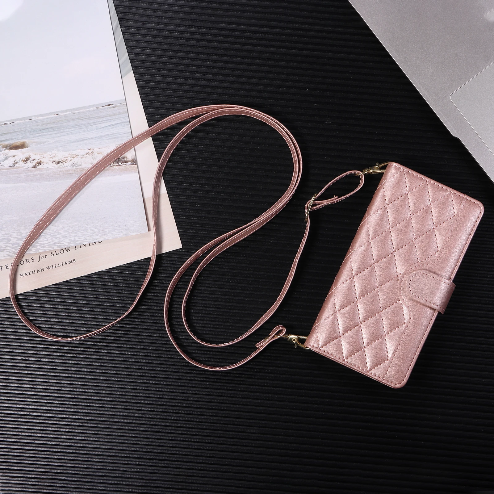 Elegant Leather Crossbody Wallet with Lanyard and Phone Stand Feature