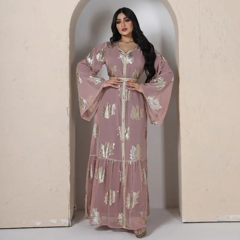 Muslim Abayat Dress with Gold Stamping, Chiffon Dress, Party Dress, Turkey Kaftan Robe, Middle East, Fashion Selling, 2022