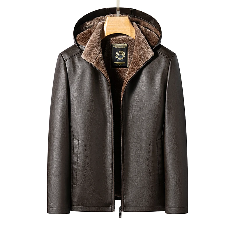 

2024 Autumn And Winter Models Of Men's Leather Jacket Thick Section Of Fur One Padded Sheepskin Youth Fashion Collar With Cap