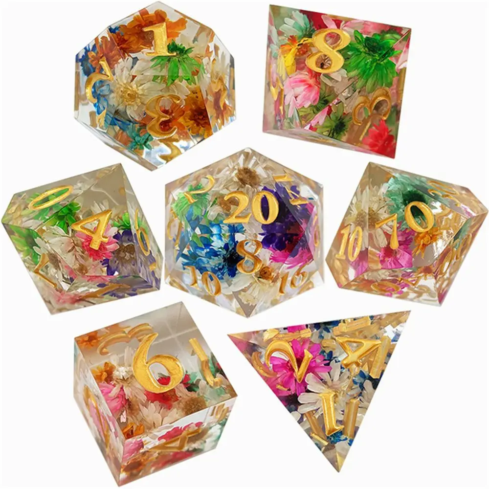 

7Pcs Polyhedral Dice Set Transparent Flowers Design Resin Dices Hot Party Table Games Accessories D6 D8 D10 D12 D20 For D&d DND