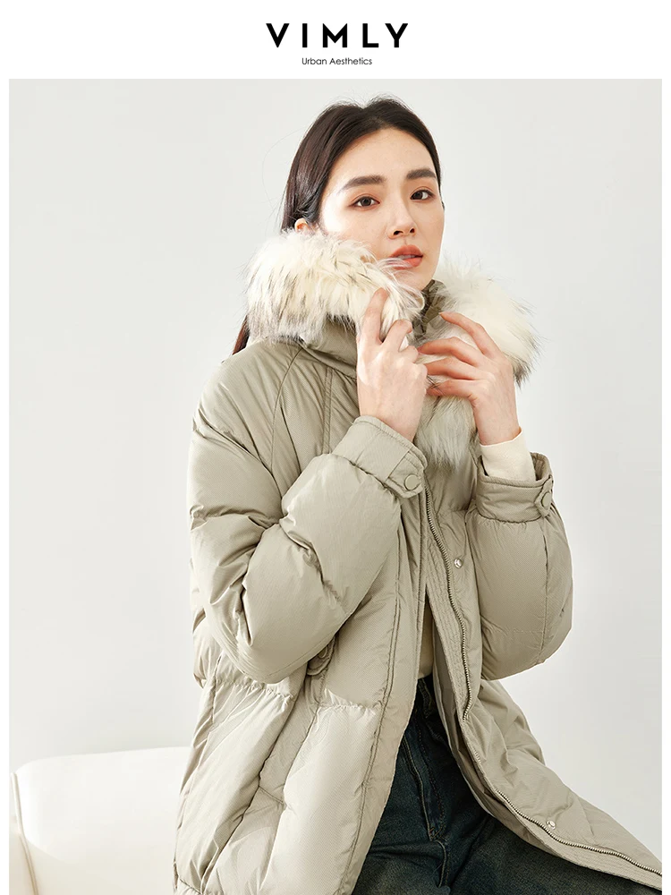 Vimly Winter Fur Collar Hooded Puffer Down Jacket for Women 2023 Warmth Zip-up White Duck Down Long Coats Female Outerwear 50336