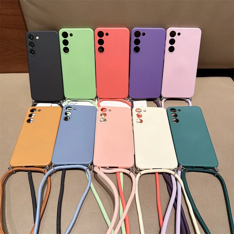 Crossbody Strap Lanyard Liquid Case für Samsung Galaxy S23 S22 S21 S20 FE Plus Note 20 Ultra Silikon weiche TPU Rückseite_voghion.com