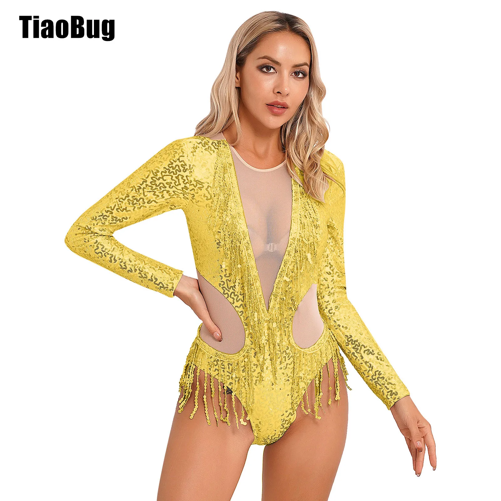 Women Allover Sequin Party Dance Leotard Bodysuit Long Sleeve Nude Mesh Patchwork Sequin Fringe Leotard Halloween Club Costumes