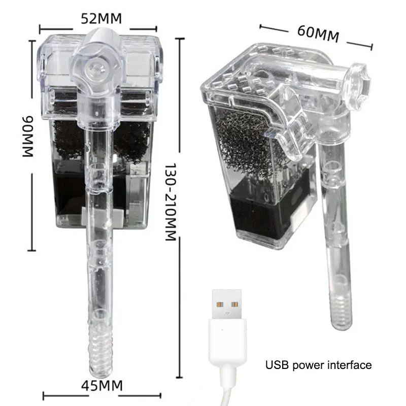 Aquarium filter Aquarium Hang On Filter Mini Filter Fish Tank USB power interface 2.5W Flow 250H/L Suitable for fish tanks below 30cm