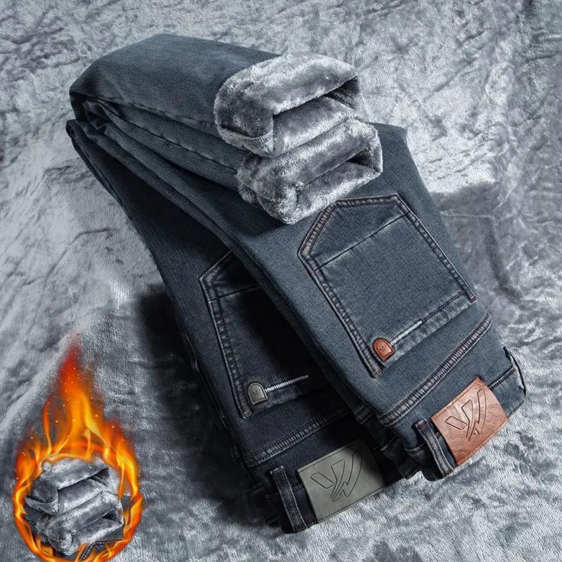 Winter Warm Men's Jeans Fleece Thickened Elastic Smoke Gray Black Business Straight Casual Denim Pants Brand Man PlushClothes