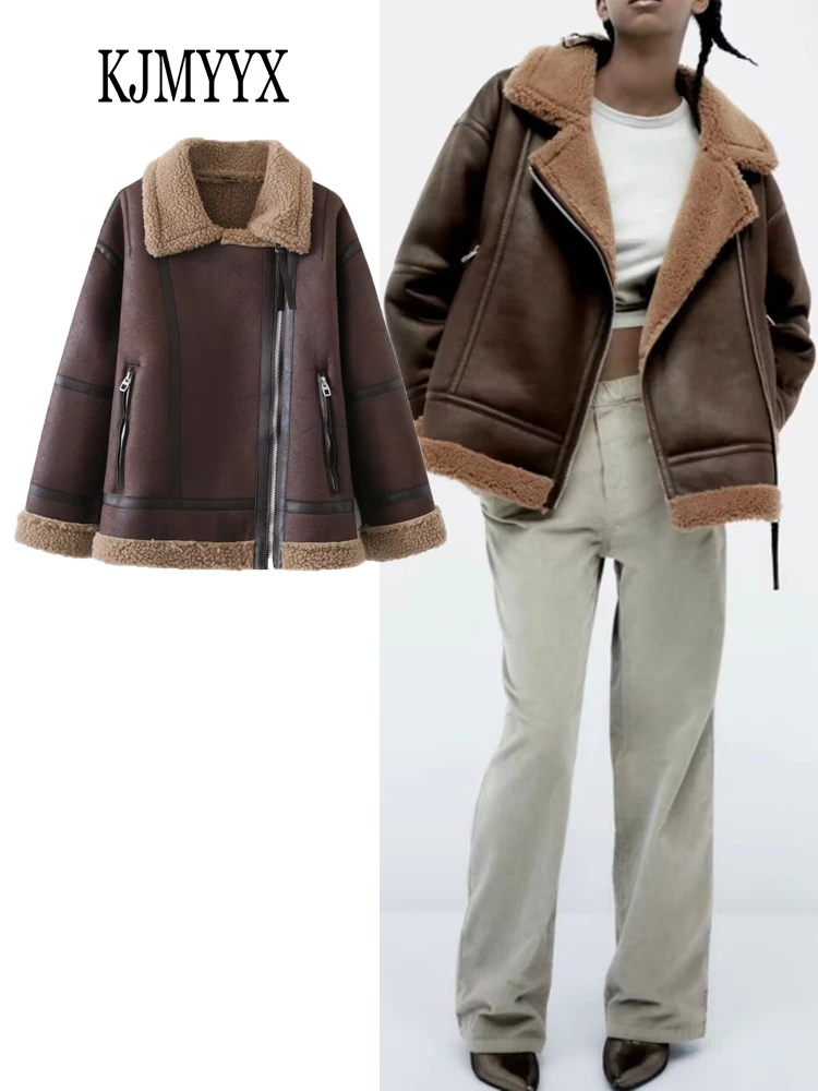 

KJMYYX 2023 Winter Thick and Warm Faux Leather Loose Jacket Coat Women's Long Sleeved Jacket Women Fashion Streetwear Tops