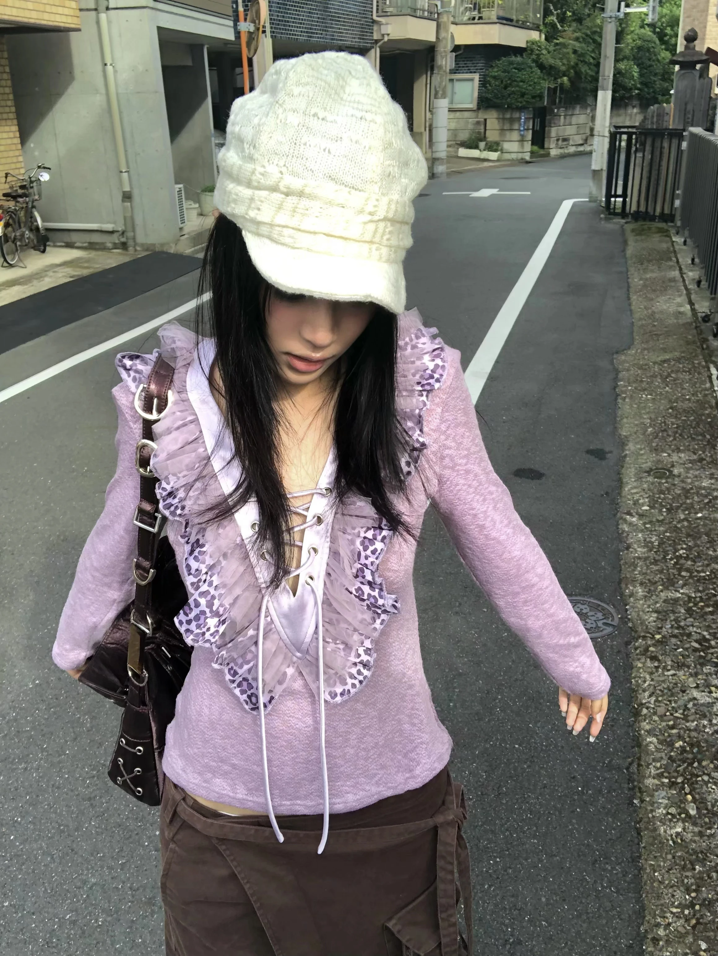 Karrram Japanische Y2k Rüschen Gestrickte Tops Vintage Harajuku Langarm V-Ausschnitt Strick T-Shirt Trashy 2000er Jahre Schnürung Lila Strickwaren – Detail 5