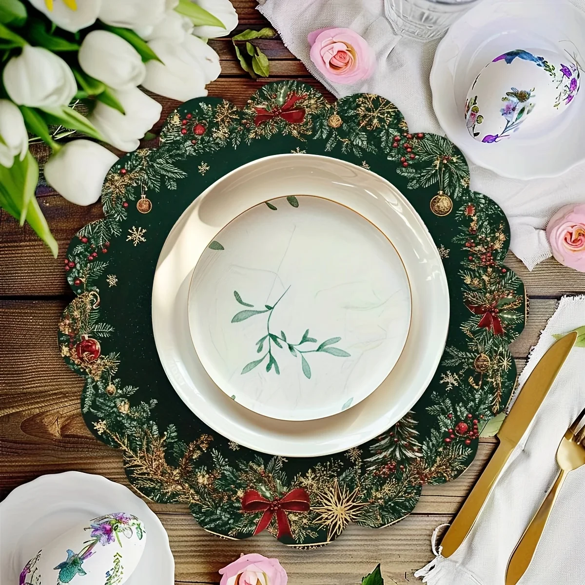 2/4pcs Round Placemats For Dining Table, Christmas Created-Emerald Green Golden Pattern Round Table Mats,Best For Christmas_voghion.com