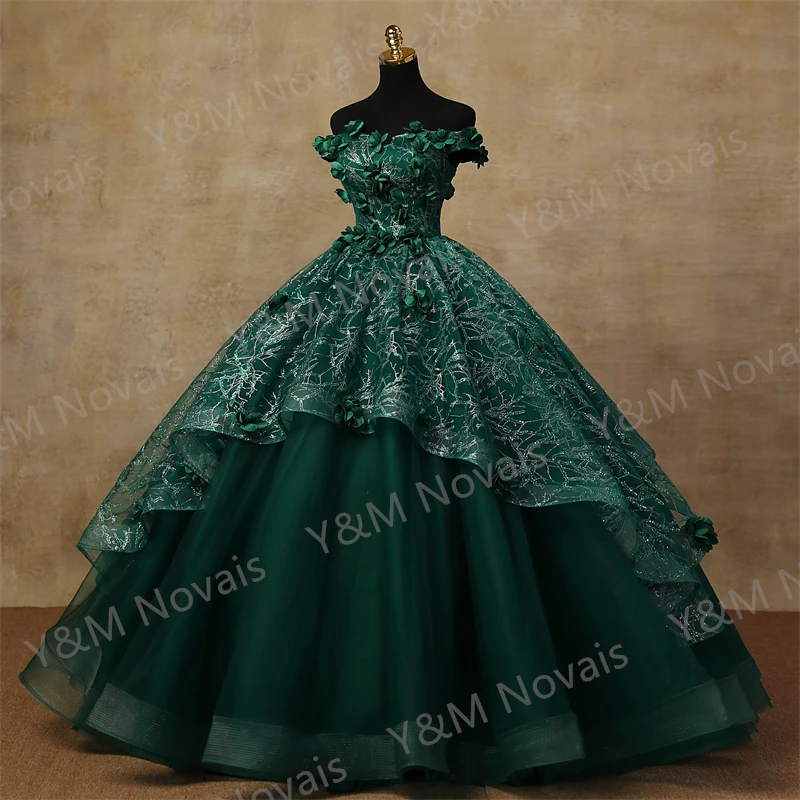 3D Flowers Custonized Glittering Luxury Appliques Quinceanera Dresses Off Shoulder Birthday Party Ball Gown Vestidos de 15 a&ntilde;os