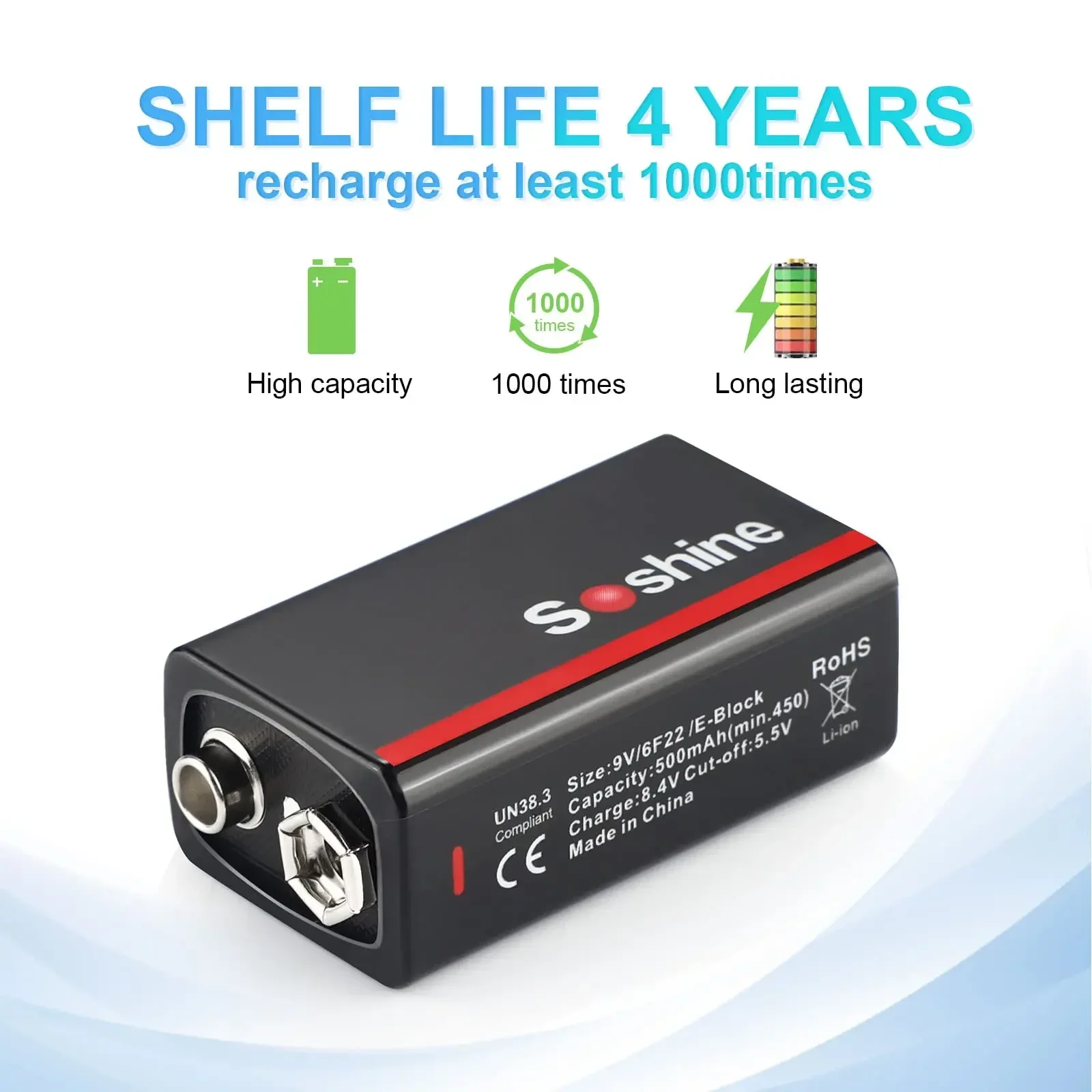 USB Lithium-ion Battery 9V 500mAh Low Self-discharge Li-ion Rechargeable Batteries 4-Year Shelf Life 4LED Power Display
