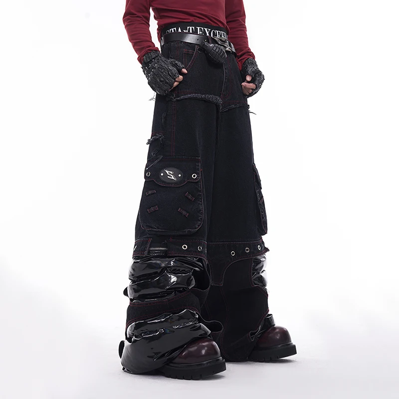 FEWQ Pants Leg Splicing PU Leather Men's Jeans Autumn Winter Straight Legs 2024 Darkwear Korea Fashion Male Trousers 24E5611 2