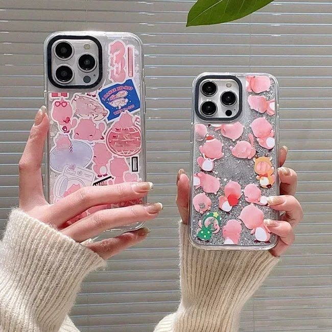 Transparent Border Silver Quicksand Cute Beaver iPhone 12 13 14 15 Pro Max Case - Protective iPhone Case