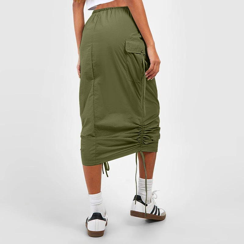 여성 캐주얼 신축성 허리 플랩 포켓 드로스트링 스커트, y2y 하프 스커트, 작업 스커트, 패션