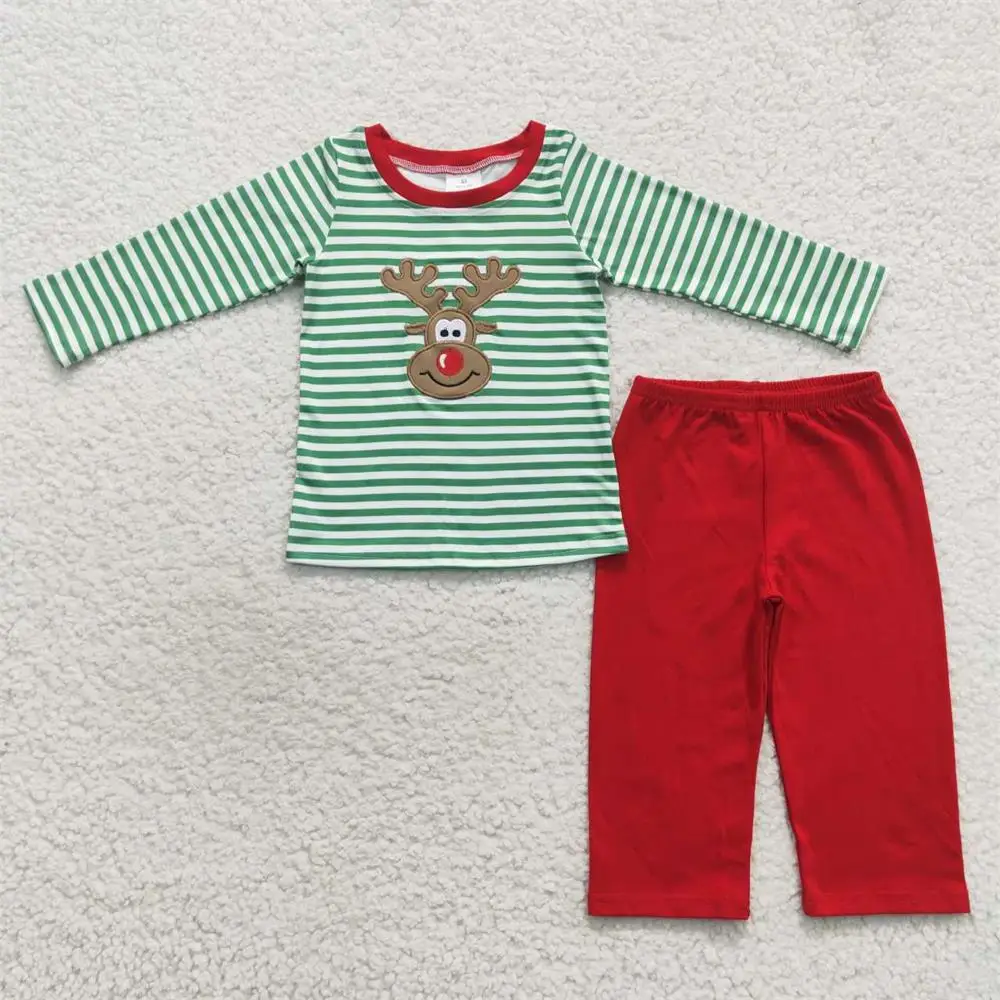 

Wholesale Baby Boy Green Stripes Shirt Red Pants Christmas Embroidery Reindeer Outfit Sleepwear Kid Toddler Pajamas Children Set