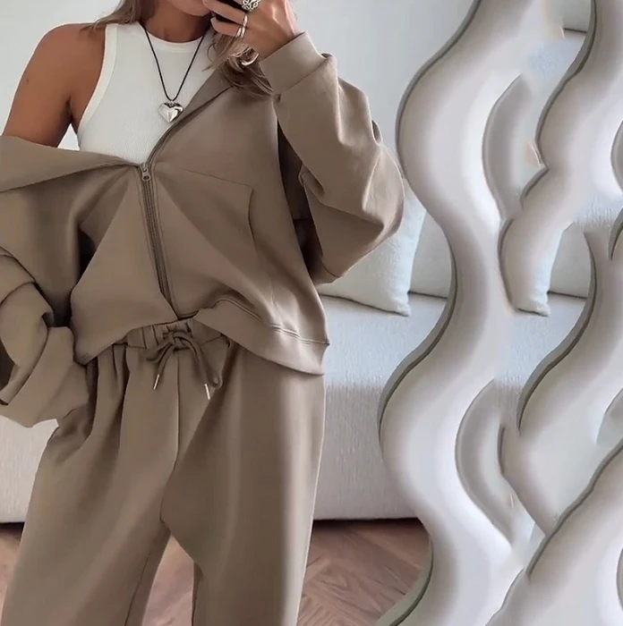 Two Piece Set Women Outfit 2024 Spring Fashion Solid Color Pocket Design Hooded Zippered Jacket & Casual Drawstring Pants Set