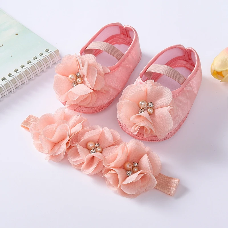 Baby Girl Flower Shoes with Headband Princess Soft Sole First Walking Shoes Moccasins Infant Footwear Crib