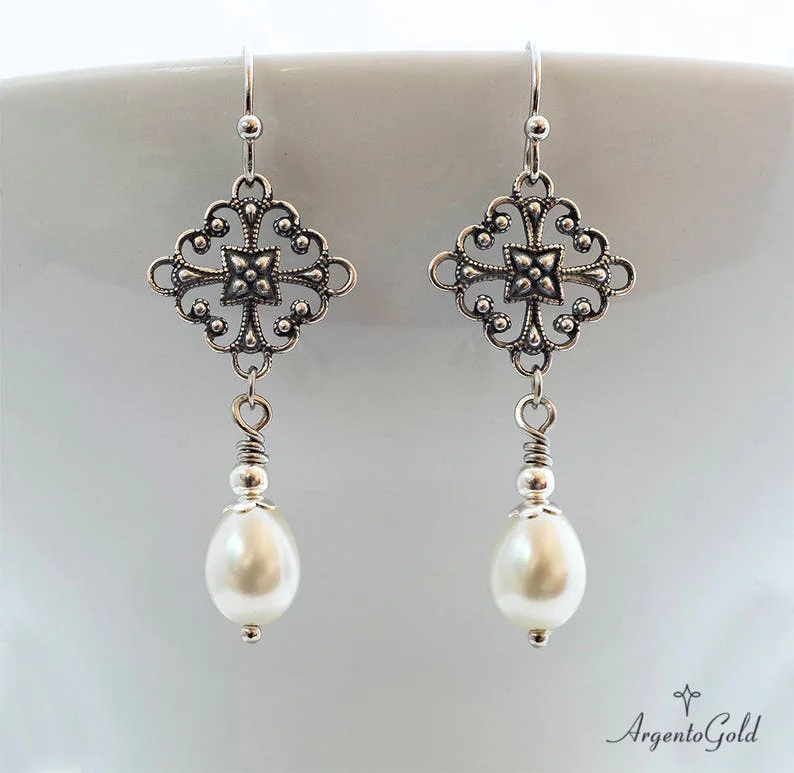 Orecchini Edwardian, Orecchini Di Perle Avorio, Orecchini Tudor, Orecchini Pendenti Vintage, Perle A Goccia, Orecchini In Argento,