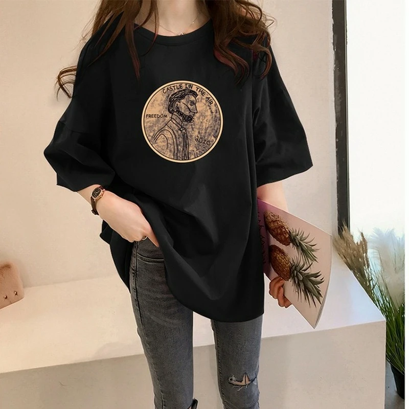 

Harajuku Fashion Print T Shirts Women Bf Mid Length Loose Tops Summer Spring New O Neck Short Sleeve Casual Tees Plus Size Black