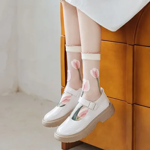 패션 여름 하라주쿠 승무원 양말 울트라 얇은 투명 크리스탈 실크 양말 WomenRetro 꽃 Streetwear 탄성 긴 양말 5