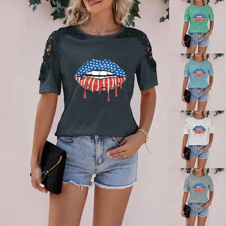 

2023 Summer New Women's Lip Print Short Sleeve T-shirt Women Female Fashion Casual Tops Lady Office Clothing