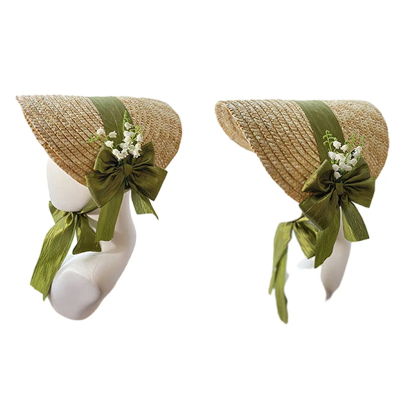 Women Victorian Wedding Tea Party Bonnet Handmade Lolita Retro Green Flower Bow Beach Sun Straw Weaving Hat French Pastoral Cap 4