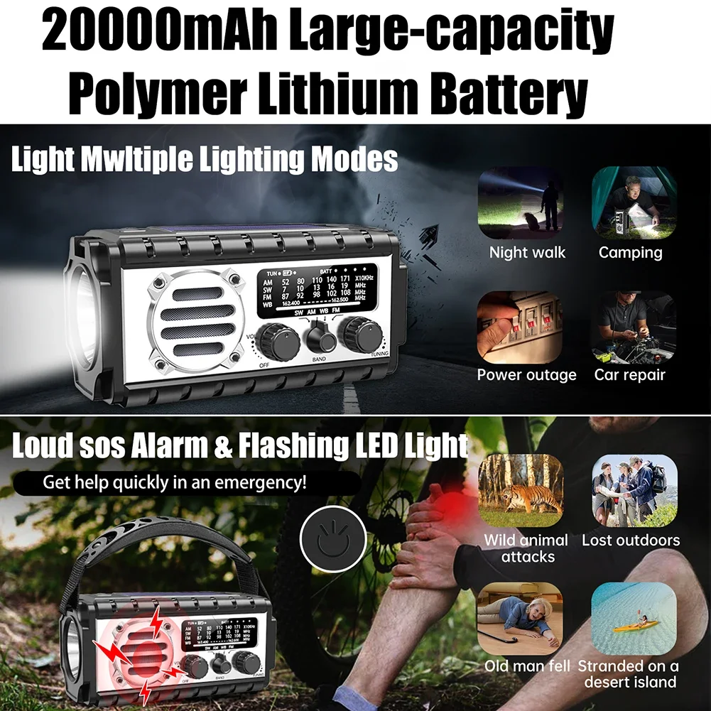 20000mAh 다기능 비상용 태양열 크랭크 라디오 야외 AM/FM/SW/NOAA 기상 라디오 손전등 SOS 알람 모바일 보조 배터리
