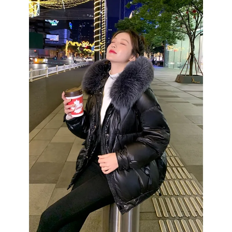 2023 New Women Down Jacket Winter Coat Female Warm Thick Parkas Short Large Size Outwear Stylish Loose Fur Collar Overcoat XS XL