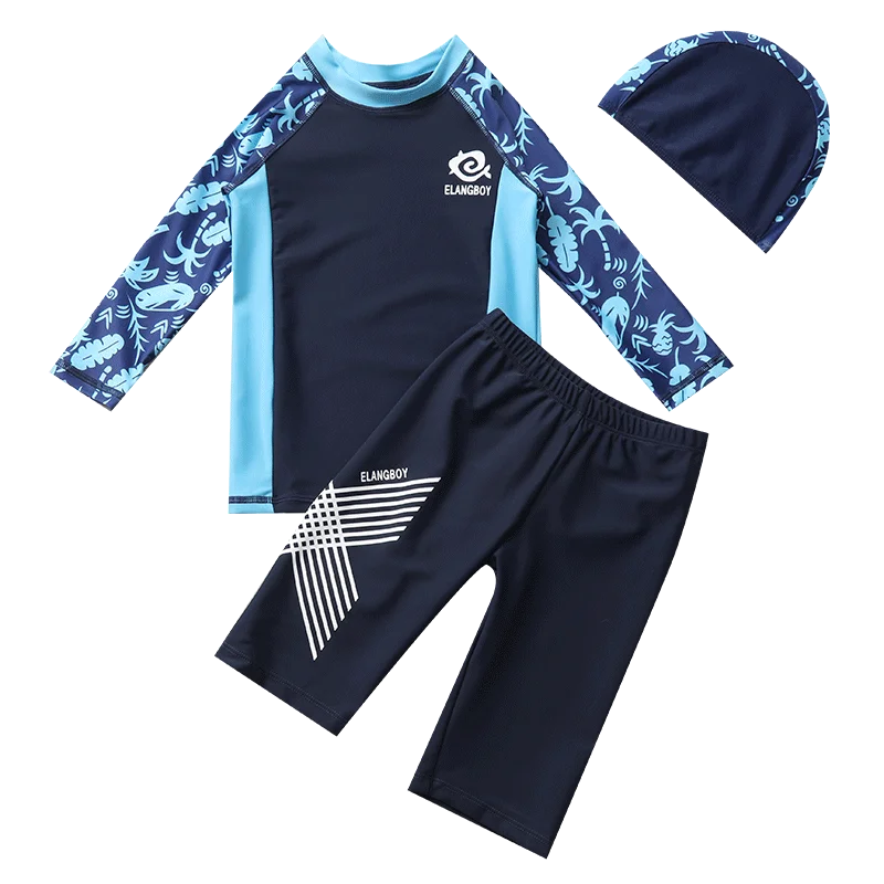Children swimsuit boy split medium big kids plus-size five-point pants long sleeve sun protection quick-drying boy swim set
