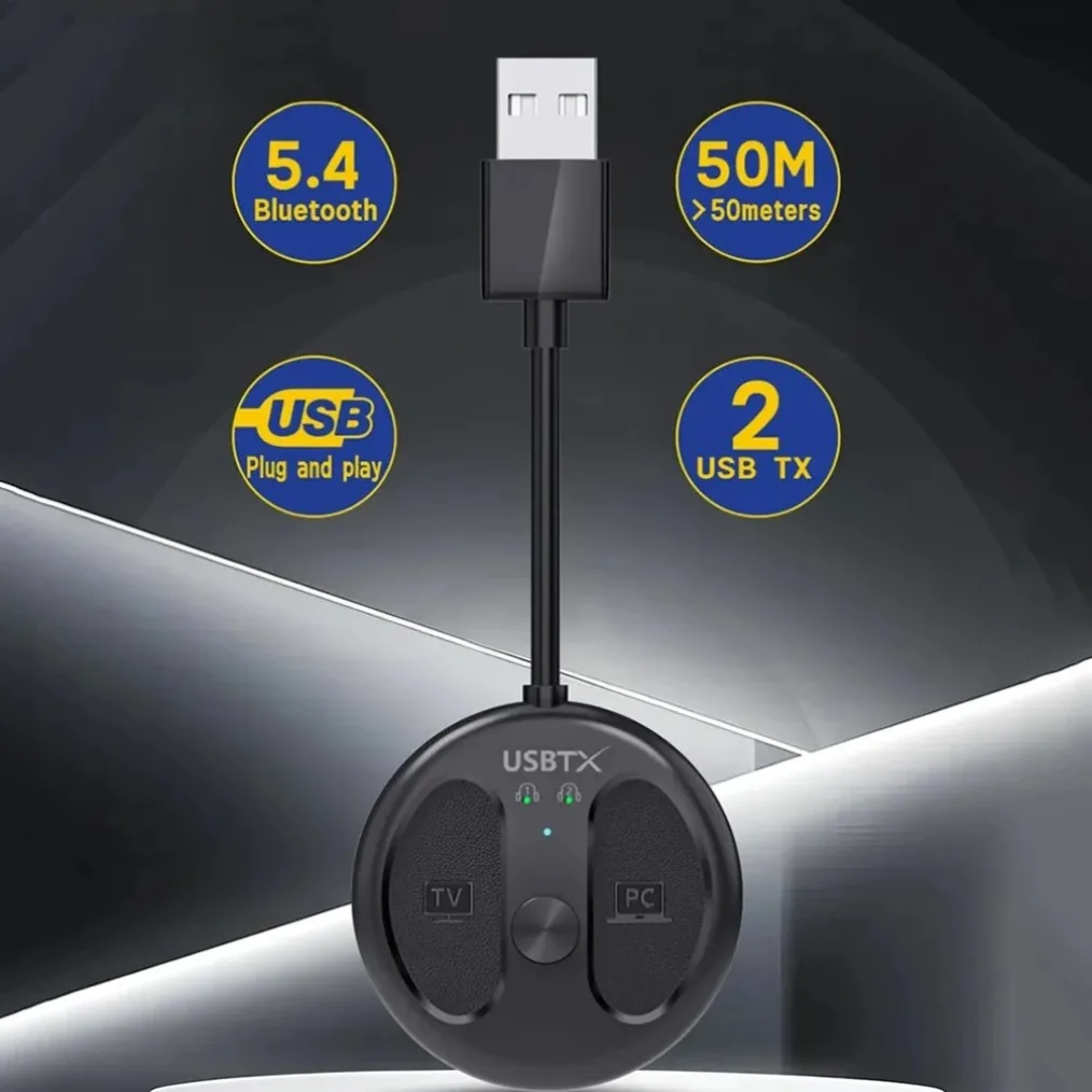 USB Bluetooth 5.4 Audio Transmitter 50M Barrier-free Wireless Stereo Music Adapter USB Dongle Connect 2 Headphones for TV PC