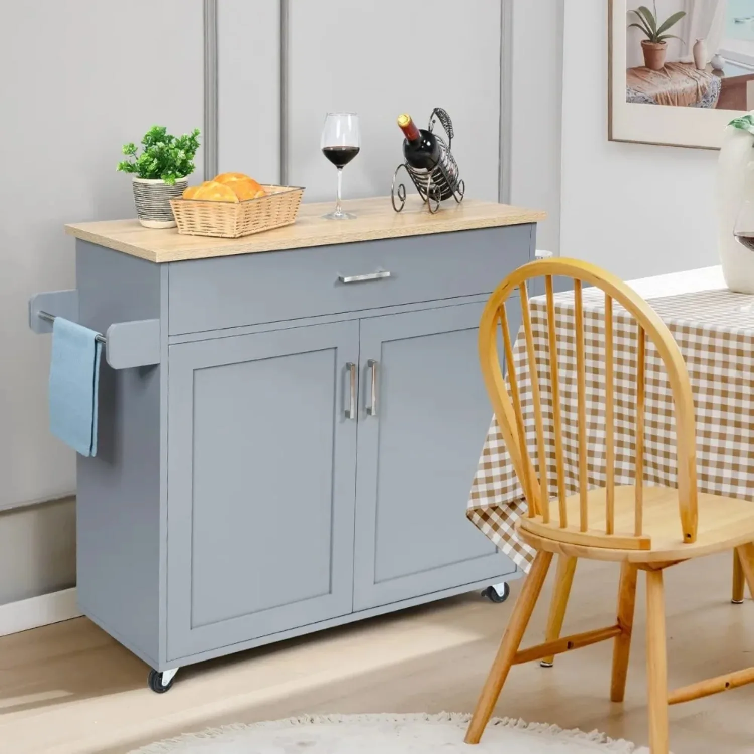 Kitchen Island Cart, Rolling Storage Trolley Cart with Lockable Rubber Wheels, Large Cabinet, Drawer, Spice Rack and Towel Rack