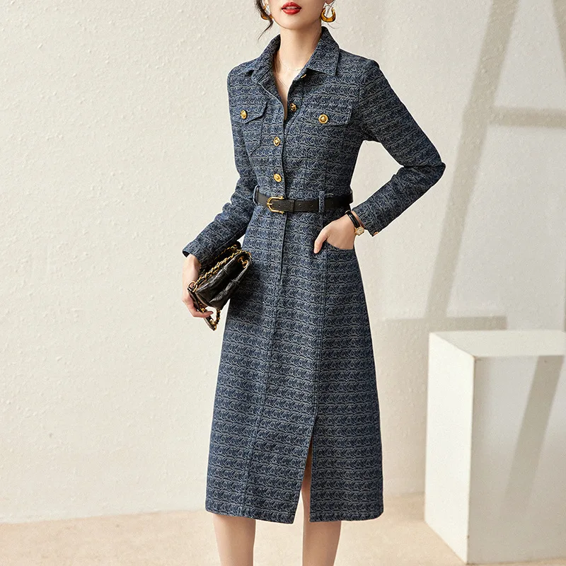 

Fashionable and High JI Feeling Small Fragrance Style Celebrity Jacquard Denim Dress Women's Spring and Autumn 2023 Waist