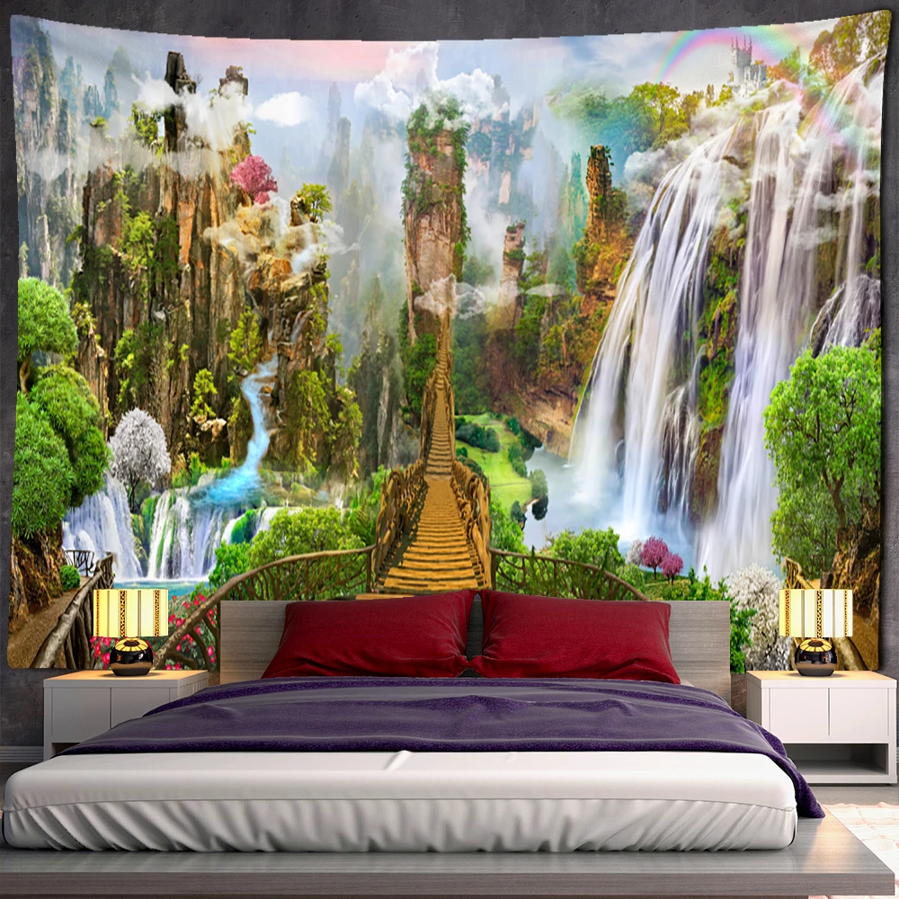 Mountain Single-Plank Bridge Tapestry Wall Hanging Water Garden Natural Scenery Living Room TV Background Wall Decor