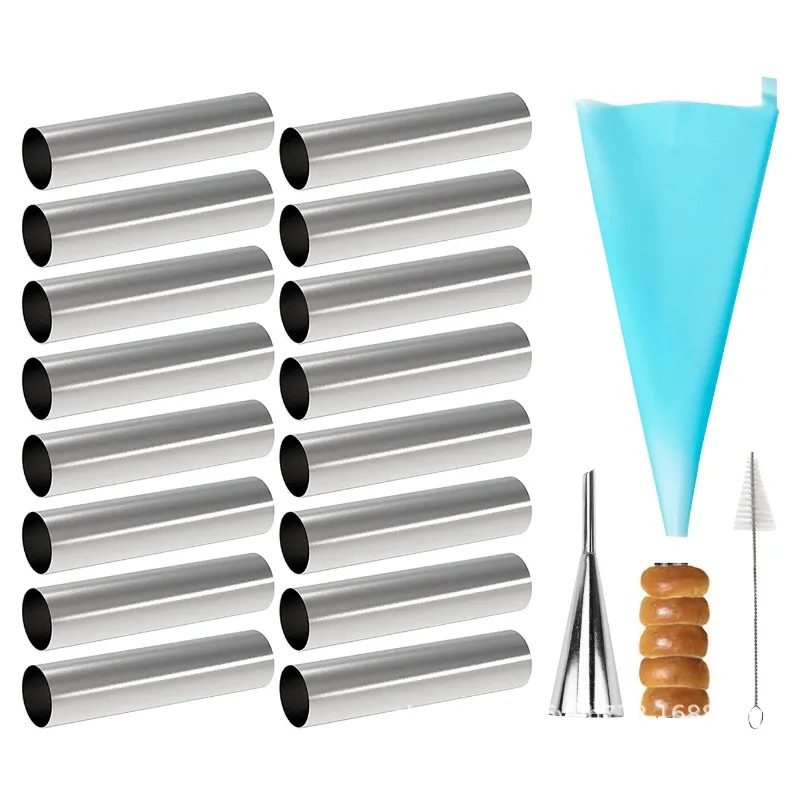 Cannoli Tubes Baking Molds 16 Pack Stainless Steel Cannoli Tubes With Piping Bags Long Piping Tips For Cream Horns Shell