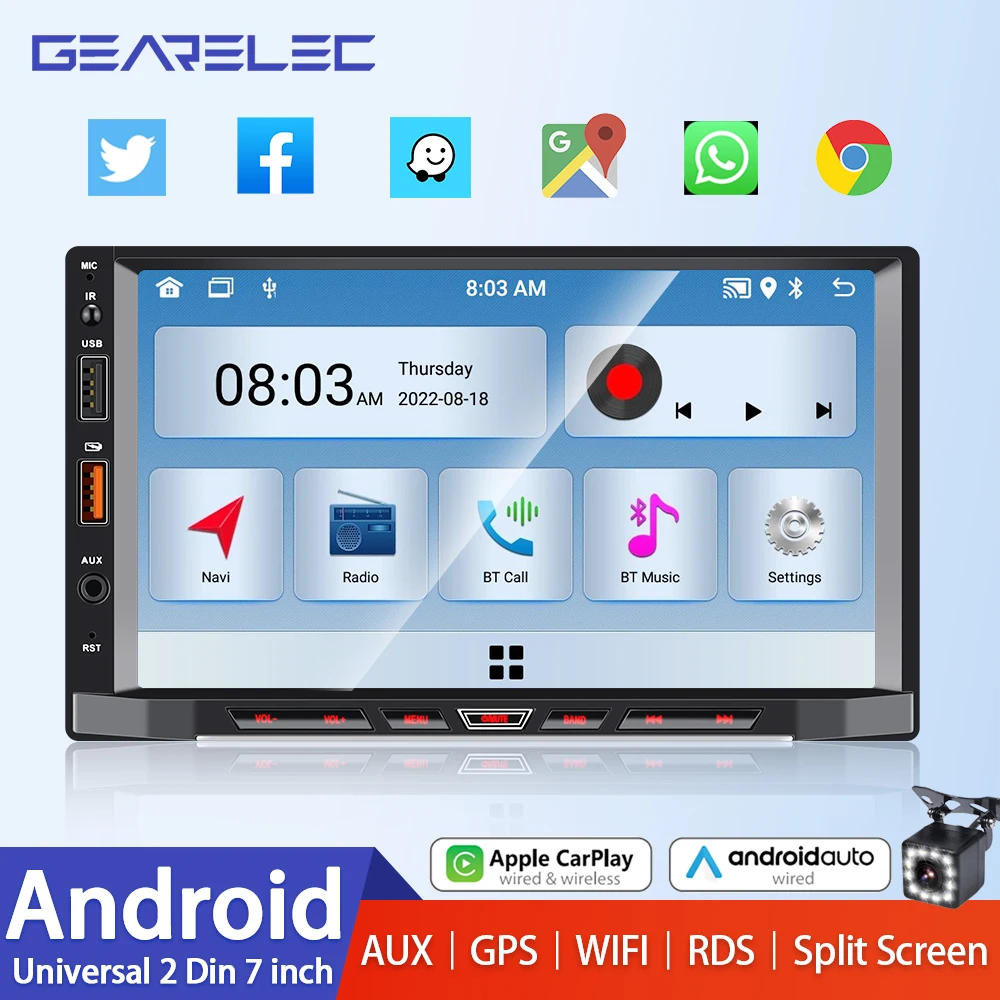 2G+32G Android 12 Doble DIN Estéreo de coche con Apple Carplay inalámbrico  y Android Auto, 7 pulgadas pantalla táctil de coche Radio con GPS WiFi