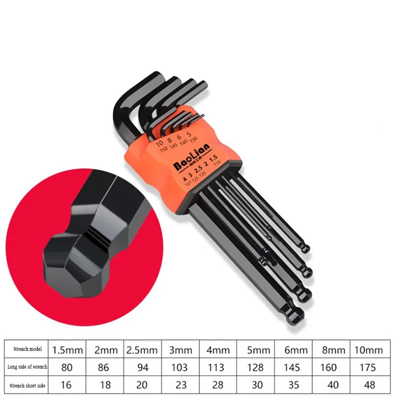 9Pcs Hex Wrench Set Allen Wrench Allen Screwdriver Tool Square Torx Inner Hexagonal Long Ball End L Key 1.5-10mm