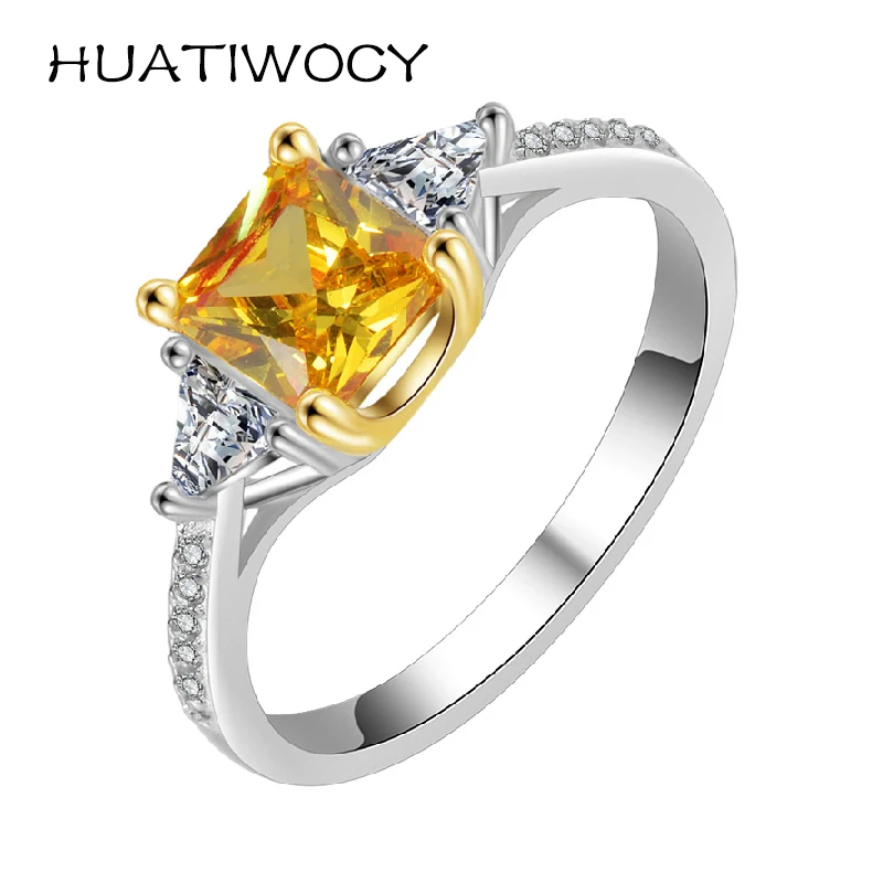 

HUATIWOCY Fashion Citrine Zircon Ring 925 Silver Jewelry for Women Wedding Promise Party Gift Finger Rings Accessories Wholesale