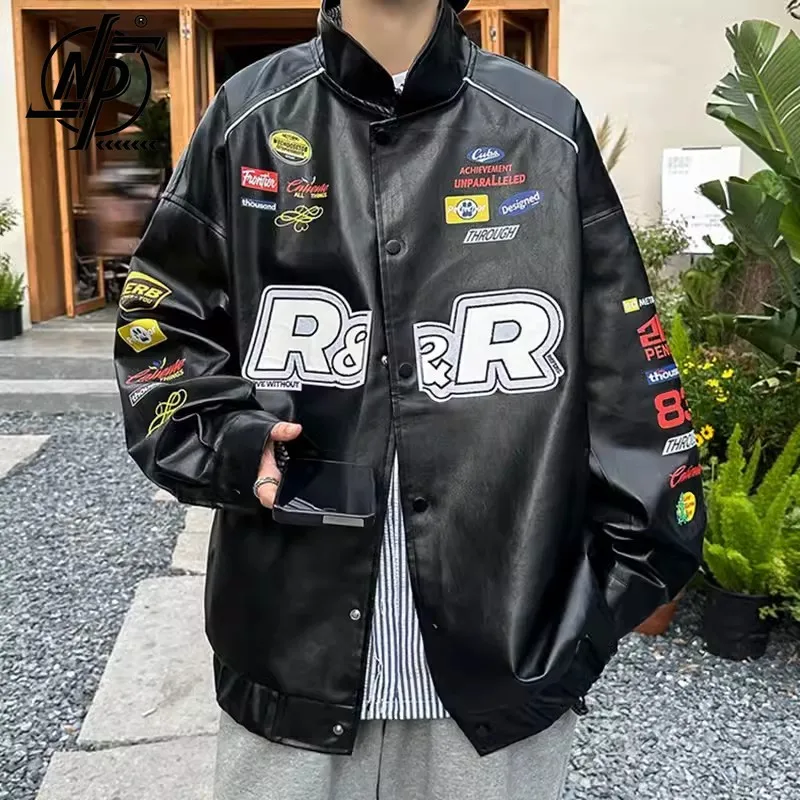 

American Black Biker Leather Jacket Men Patchwork Letter Embroidery Pilot Jackets Stand Collar Autumn Loose Coats Couple