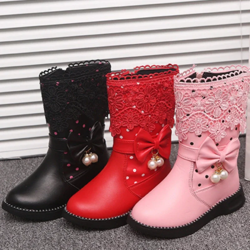فتاة التمهيد  الخريف طفل القطن حذاء القوس الأميرة حذاء الدانتيل حافة فتاة أحذية المرأة الركبة الأحذية الدافئة طفل حذاء الثلوج بوتاس دي نينا