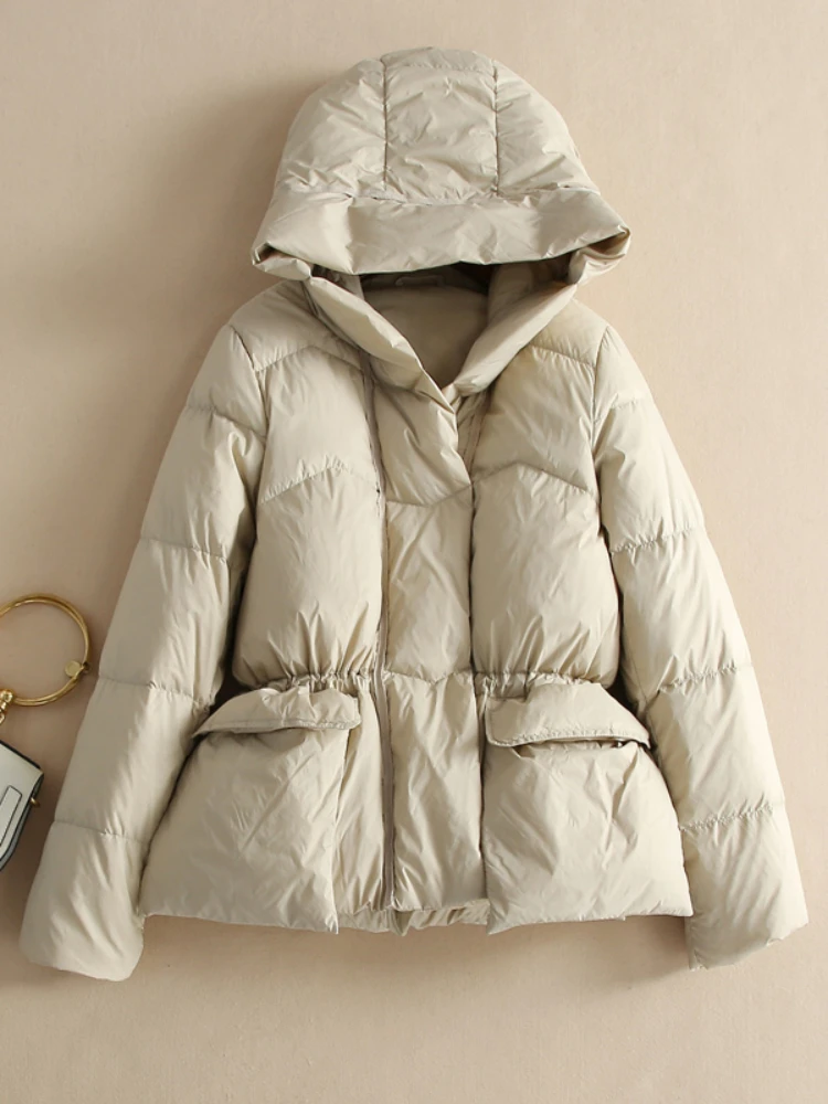 

Fitaylor Winter Women White Duck Down Coat Casual Lady Hooded Drawstring Coat Female Loose Solid Puffer Parka Outwear