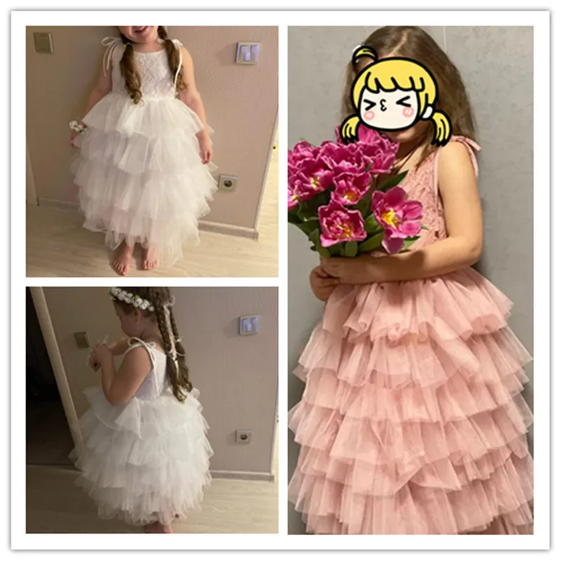 Summer Girls Sleeveless Strap Princess Dress Kids Lace Flower First Communion Dresses Children New Fashion Beach Tulle Clothes
