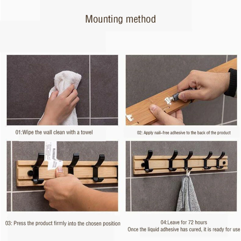 Bamboo Metal Movable Hooks Wall Mounted No-punch Coat Racks Clothes Hanger for Hat Schoolbag Bedroom Living Room Furniture