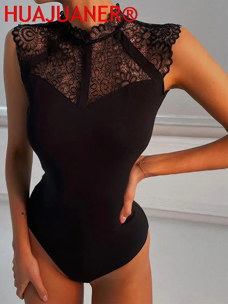 Women Sexy Black Lace Bodysuits Rompers Sleeveless Slinky New Fashion Bodycon Wrap Bodysuit 4