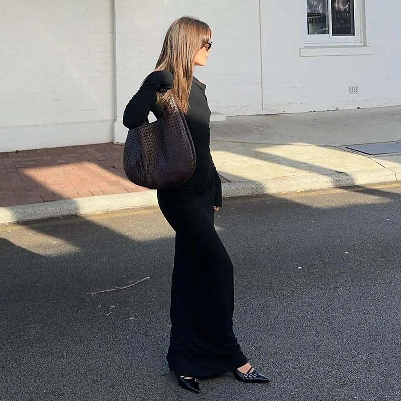 White Skew Collar Long Sleeve Maxi Dress For Women Autumn Winter New Bodycon Elegant Party Dress Female High Waist