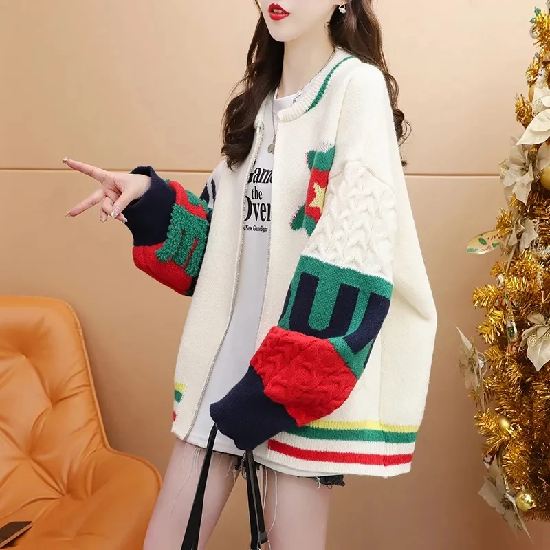 2023 Spring And Autumn New Loose Design Feeling Sweater Chic Color matching Cardigan Women's Thickened Knit Coat Wool Jacket 4XL