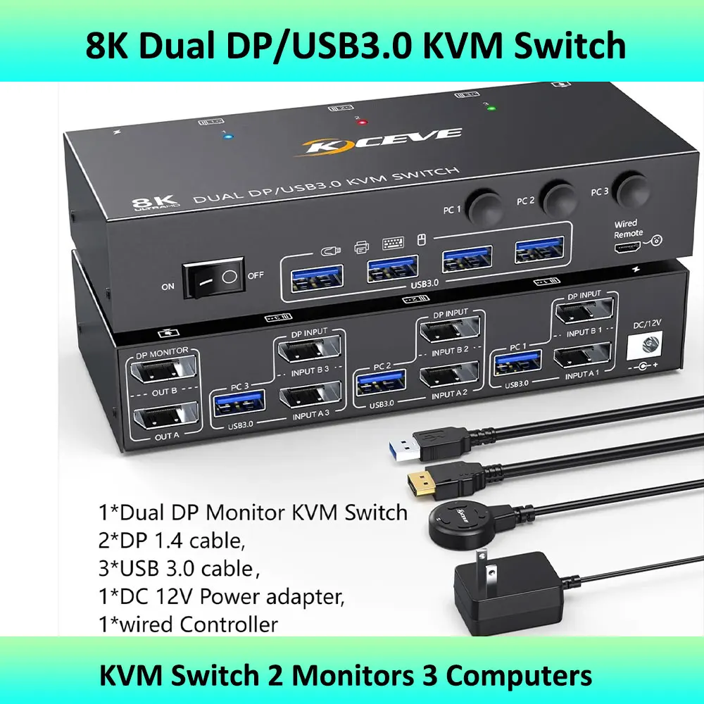 Switch Kvm A Doppio Monitor, Switch Kvm Displayport Usb 3.0 2 Monitor 3/4 Computer 8K @ 30Hz 4K @ 144Hz, 3/4 Computer Condividono 2 Monitor