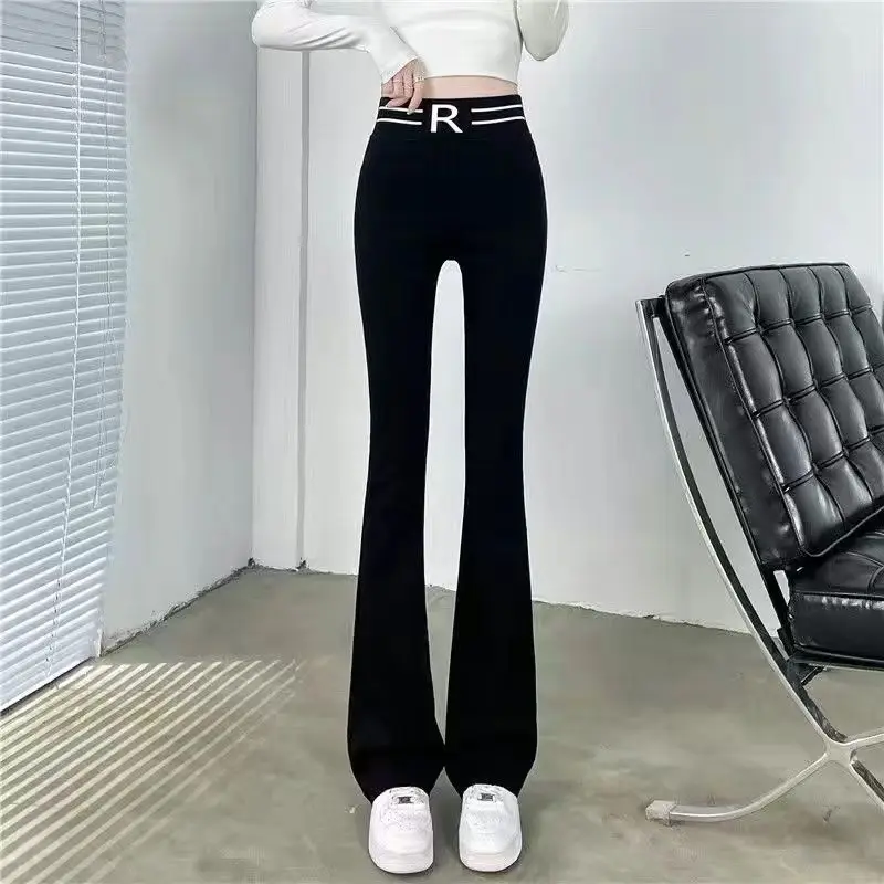 

Summer New Korean Fashion Simple Flare Pans Women Solid Elastic High Waist Patchwork Pockets Slim Versatile Straight Trousers