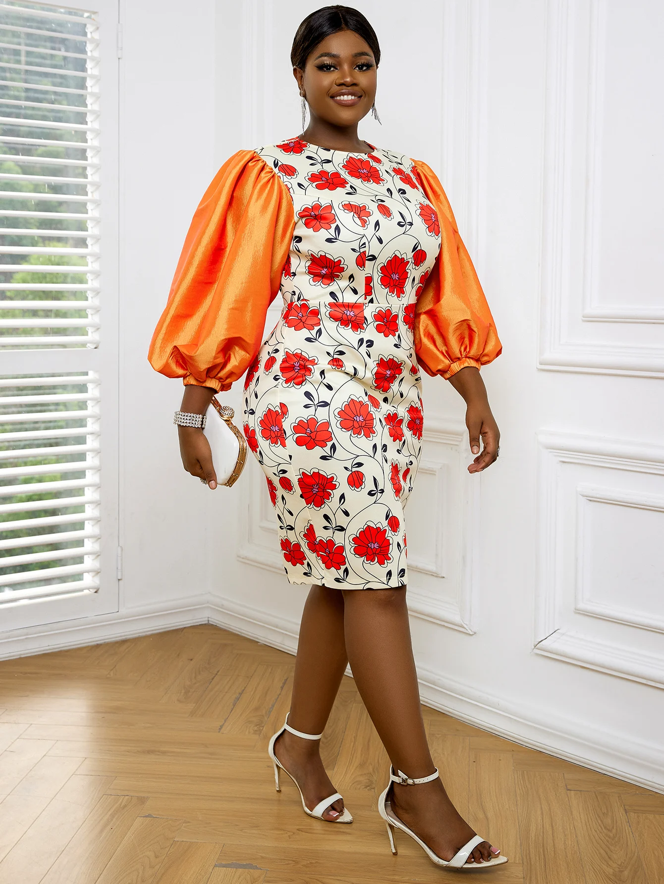 

Orange Patchwork Floral Print Sheath Dresses For Women Lantern Sleeve Bodycon Knee Length African Female Birthday Party Outfits