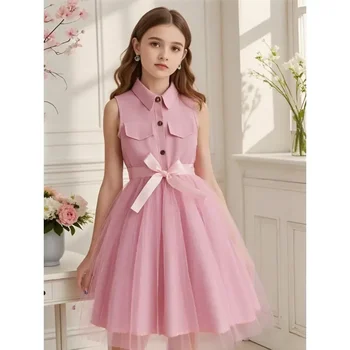 Teen Girl Pink Dress Summer Sleeveless Fashion Mesh Children Dresses Casual Vacation Elegant Princess Dress  7 8 9 10 11 12 Yrs 1