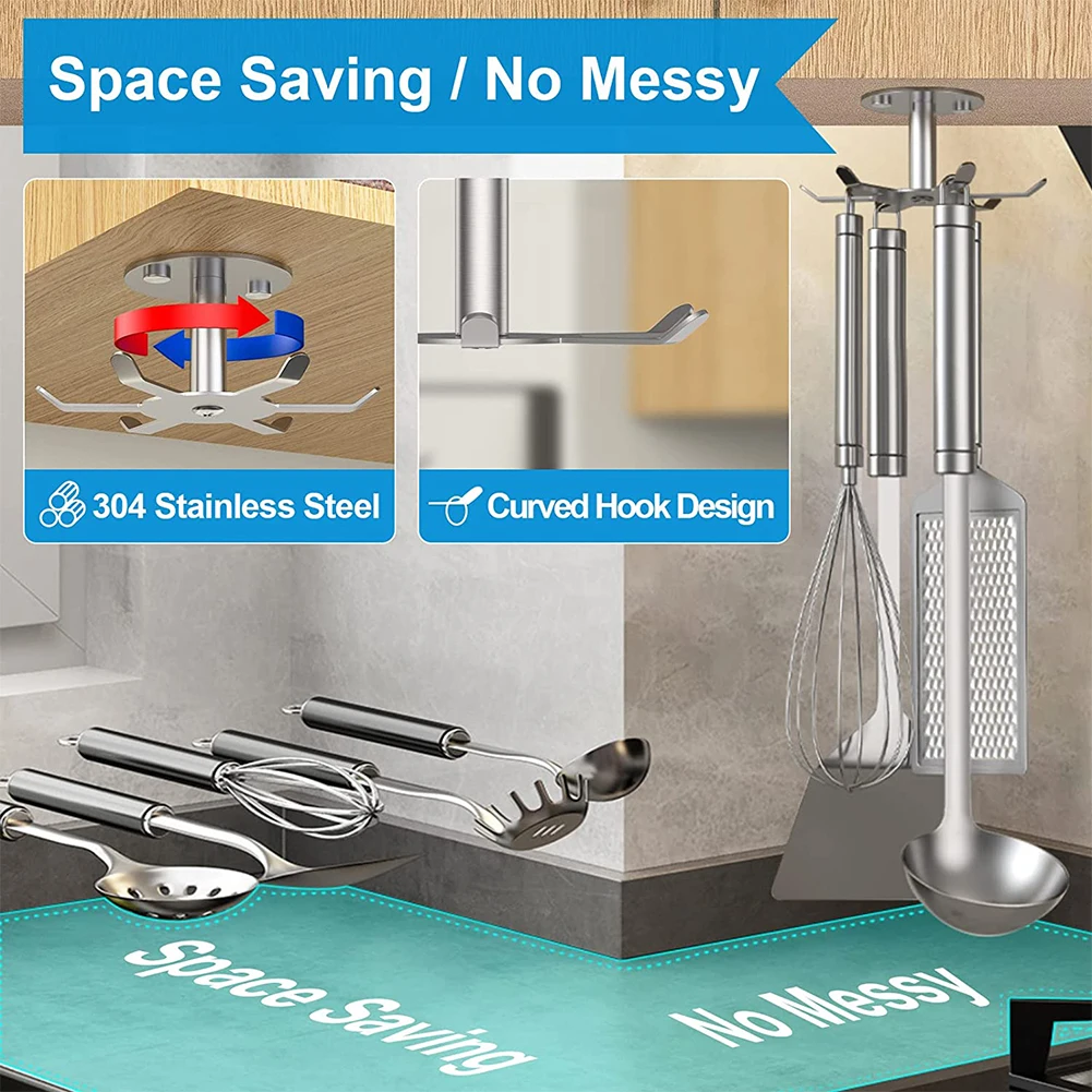 Under Cabinet Rotating Utensil Holder 6 Hooks Stainless Steel Hanging Rack Screw Kitchen Bathroom Storage Rack Kitchen Storage Rack Kitchen Hooks