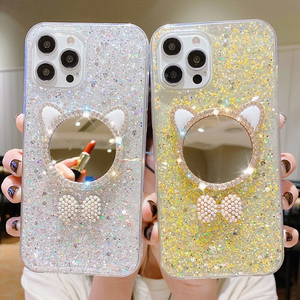 

Bling Glitter Makeup Mirror Phone Case For iPhone 11 12 13 14 Pro Max Cases iPhone SE 2022 XS Max XR 14 7 8 Plus Cute Cat Cover